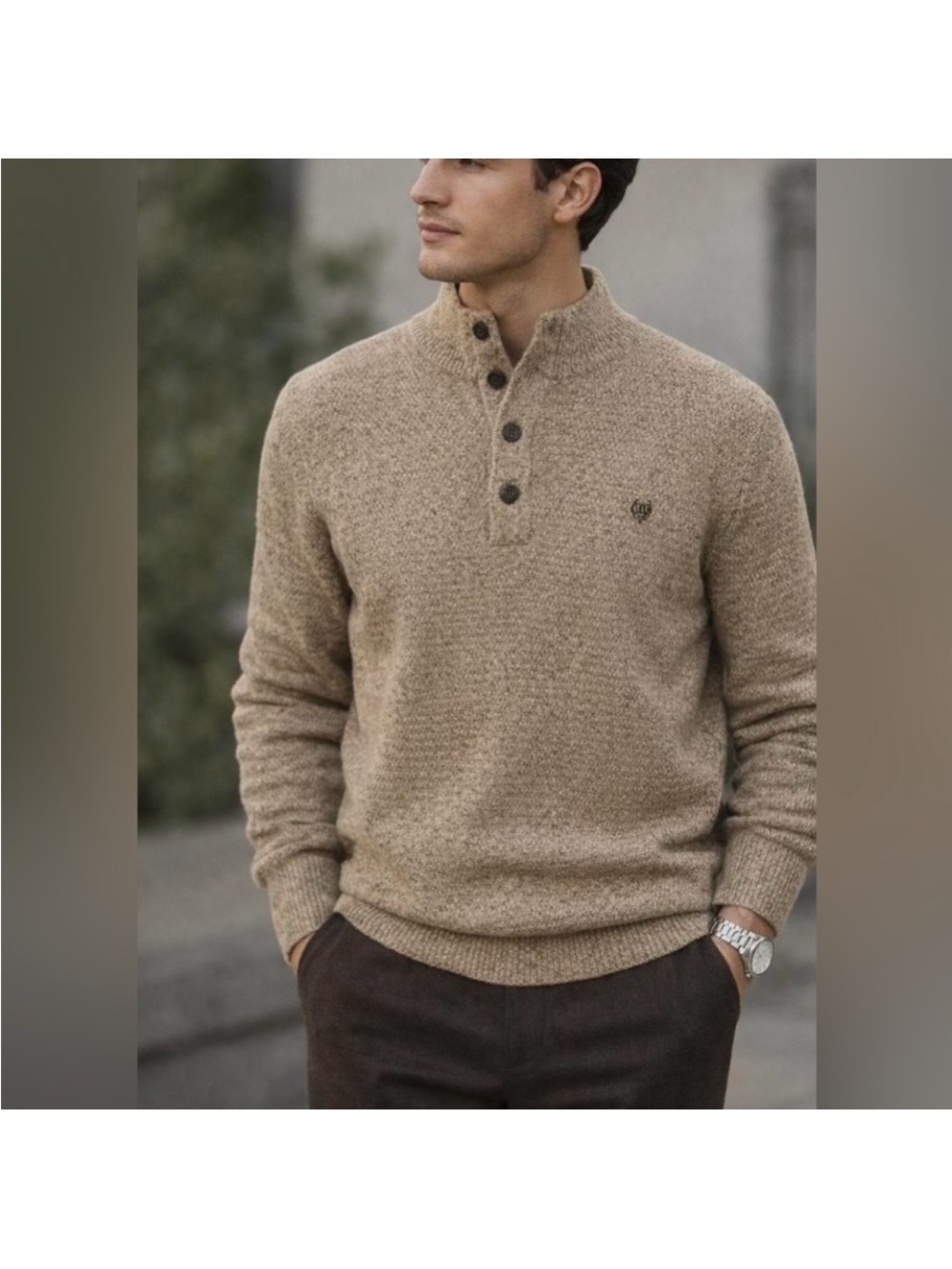 Chaps Ralph Lauren Marled Taupe Button-Front Mock Turtleneck Relax Fit Sweater